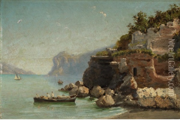 A Mediterranean Coastal View Oil Painting - Giuseppe Carelli