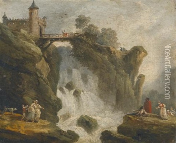 An Artist Sketching With Other Figures Beneath A Waterfall Oil Painting - Hubert Robert