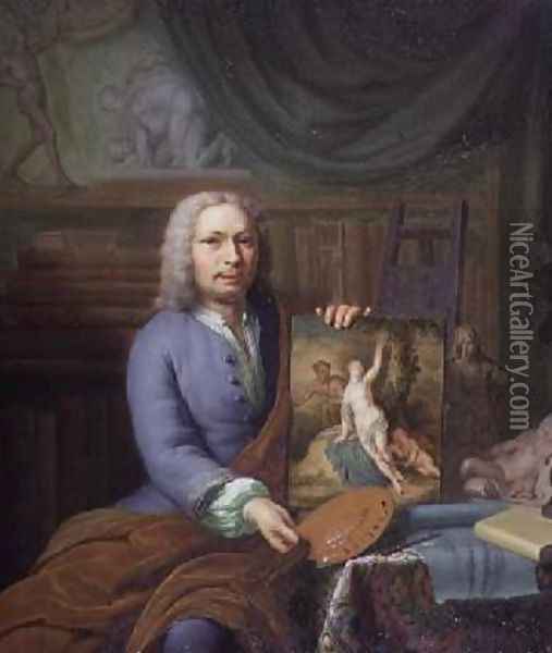 Portrait of the Artists Father holding his painting Erigone Oil Painting - Frans van the Younger Mieris