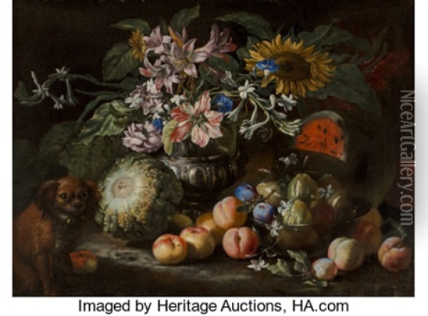 A Still Life Of Fruit And Flowers In A Footed Gadrooned Silver Vase With A Spaniel Looking On Oil Painting - Abraham Brueghel