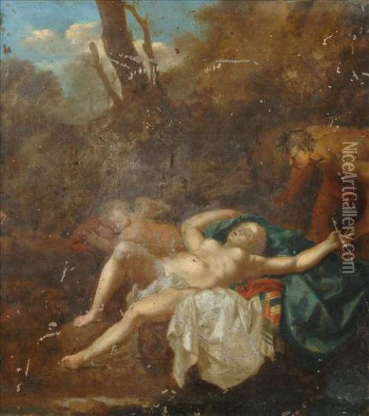 Follower Of Cornelis Van Poelenburgh Asleeping Nymph, Cherub And Satyr Oil Painting - Cornelis Van Poelenburch