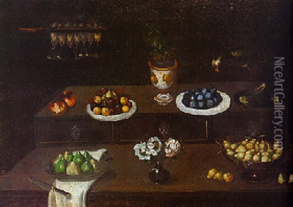 Nature Morte Aus Assiettes De Fruits, Vases De Fleurs Et Perroquet Sur Un Entablement Oil Painting - Blas de Ledesma Prado
