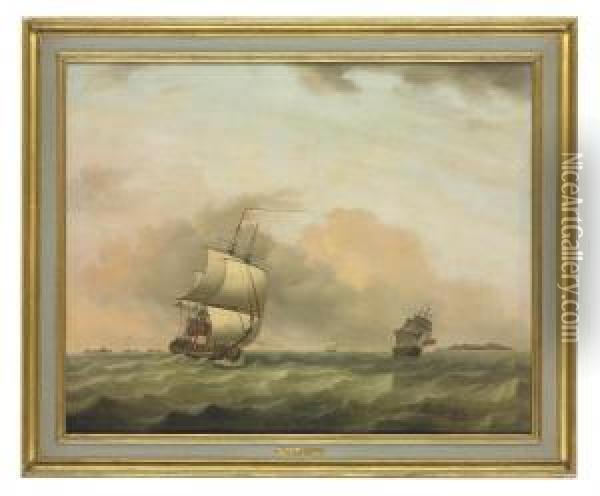 Two British Men-o'war Heeling In The Breeze Offshore Oil Painting - Francis Swaine