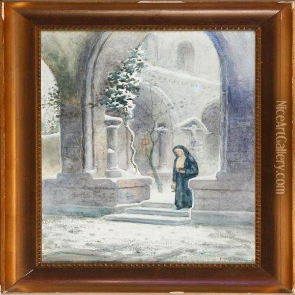 A Nun In Amonastery Garden Oil Painting - Frans Wilhelm Odelmark