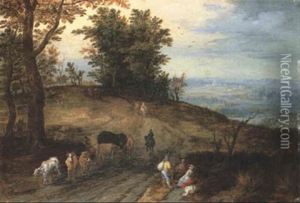 Extensive Landscape With Travellers On A Path Oil Painting - Jan Brueghel the Elder