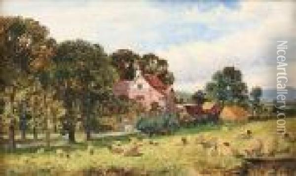 Sheep Grazing In A Meadow Before A Manor House Oil Painting - Benjamin Williams Leader