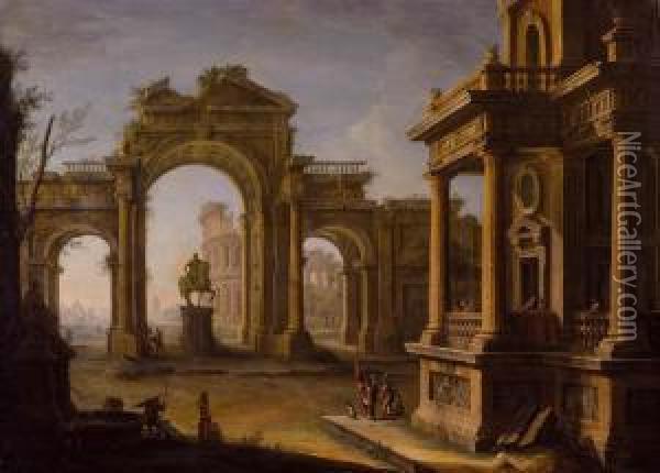 Prospettiva Architettonica Con Statuadi Marc'aurelio E Colosseo Oil Painting - Francesco Battaglioli