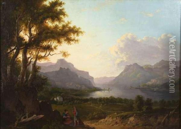 A Highland Loch Scene With Fisherman Oil Painting - Alexander Nasmyth
