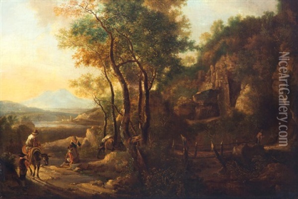 Reizigers In Italianiserend Heuvellandschap Oil Painting - Jan Dirksz. Both