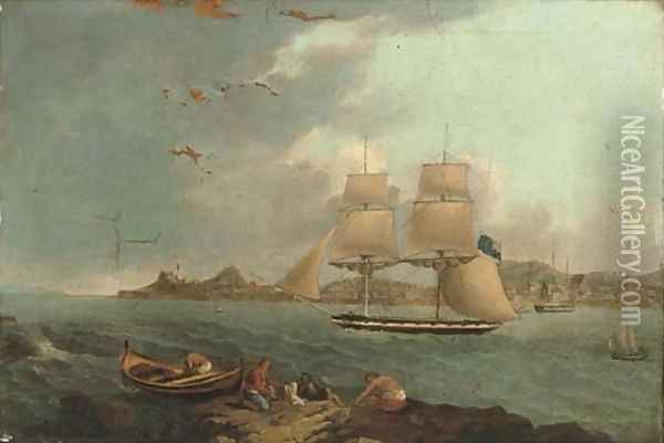 A British schooner in a mediterranean harbour Oil Painting - Joseph Schranz