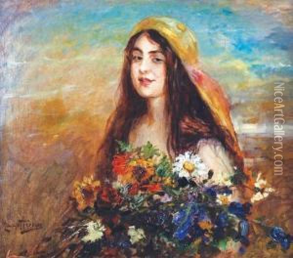 Cyganka Z Kwiatami Oil Painting - Maurycy Trebacz