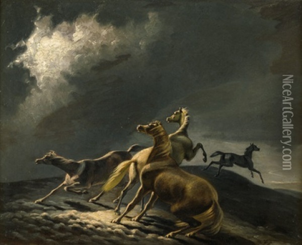 Aufgeschreckte Pferde Bei Unwetter Im Mondlicht Oil Painting - Fritz (Frederik Gotfred) Thomsen