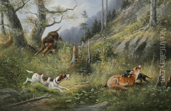Gefangen. Jagdhunde Stellen Einen Fuchs Oil Painting - Moritz Mueller the Elder