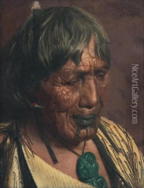 A Happy Thought, Te Aitu Te Irikau, A Noted Arawa Chieftainess Oil Painting - Charles Frederick Goldie