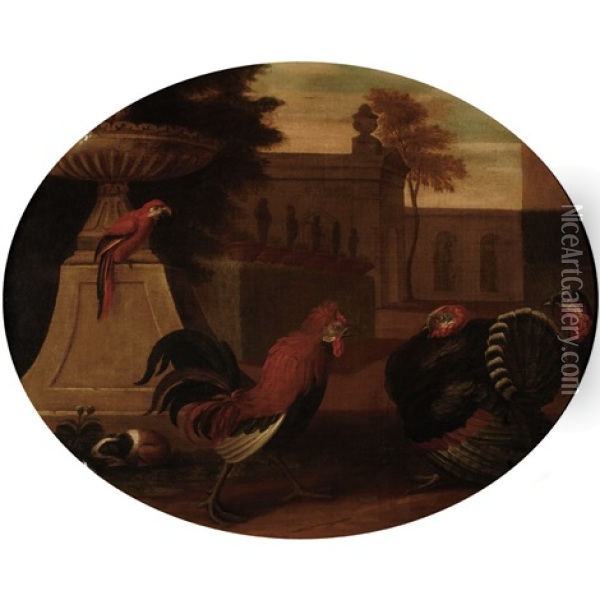 Rooster Confronting Turkeys, With A Macaw And Guinea Pig In A Classical Landscape Oil Painting - Melchior de Hondecoeter