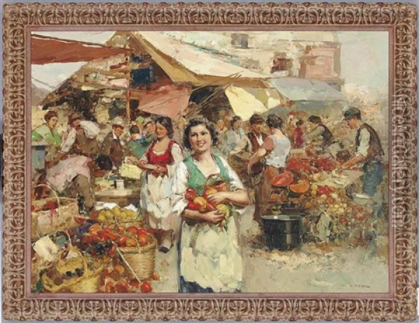 An Italian Market Scene Oil Painting - Giuseppe Pitto
