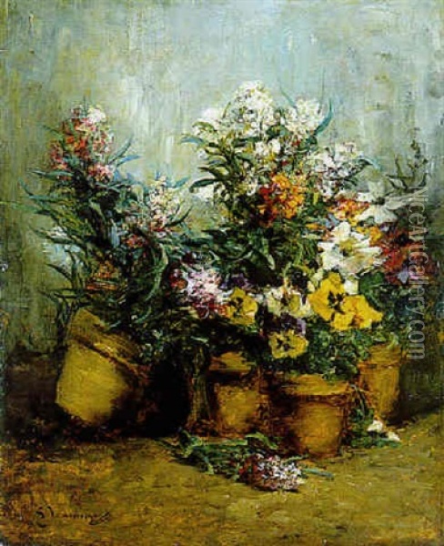 Fleurs En Pots Oil Painting - Georges Jeannin