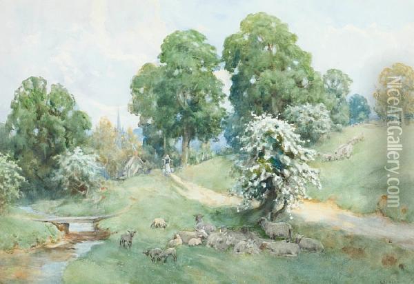 Rural Scene With Sheep On A Village Common Oil Painting - George Franck Nicholls