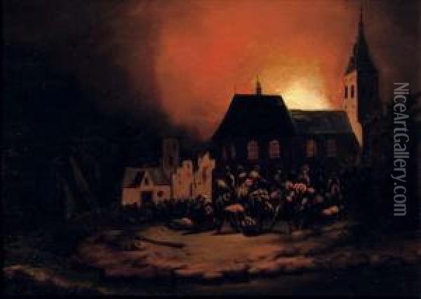 A Burning Village At Night Oil Painting - Adriaen Lievensz van der Poel