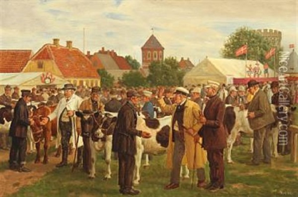 People Making Deals At Market Day Oil Painting - Rasmus Christiansen