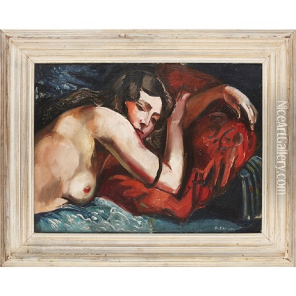 Woman Sleeping On A Red Cushion Oil Painting - Andre Favory