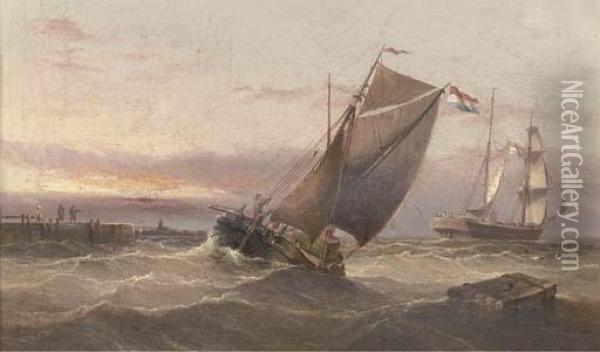 A Dutch Brig Running Out Of Harbour Amidst Other Traffic Atdusk Oil Painting - Henry Redmore