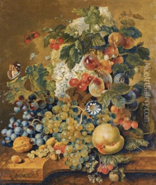 A Still Life With A Basket Of Fruit, Nuts, And Flowers On A Stone Ledge, With A Fly, Butterflies, A Dragon Fly, And A Snail Oil Painting - Jacobus Linthorst