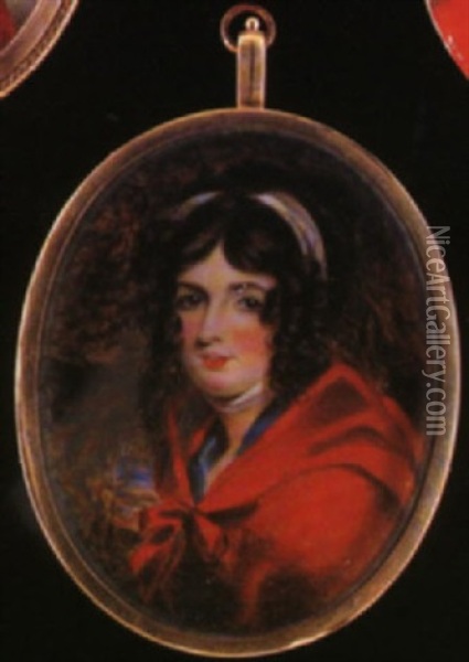 Portrait Of A Lady Wearing Red Cape Over Blue Dress And Blue And White Striped Bandeau In Her Brown Hair Oil Painting - Cornelius Beavis Durham