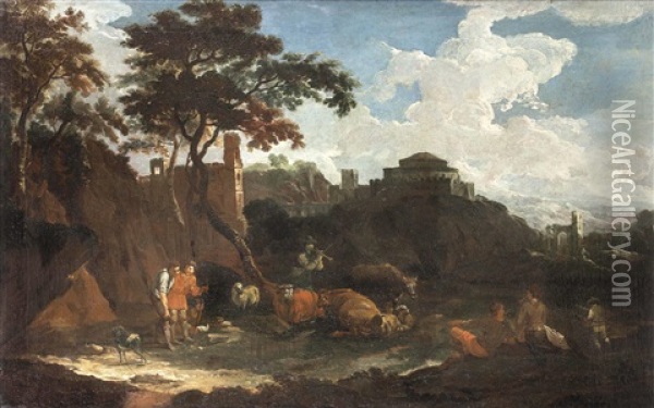 Heroische Landschaft Mit Castell Und Ruinen Sowie Mit Hirten Und Herde Oil Painting - Pieter Mulier the Younger