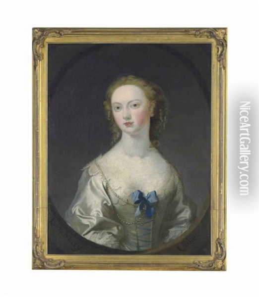 Portrait Of Lady Mary Coke, Nee Campbell, Half-length, In A White Silk Dress With A Blue Ribbon And Pearls, In A Feigned Oval Oil Painting - Joseph Highmore