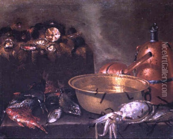 Natura Morta Di Pesci E Molluschi Con Bacile Di Rame Oil Painting - Giuseppe Recco