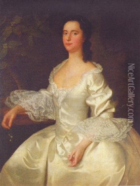 Portrait Of A Lady In A White Satin Dress With Lace Cuffs, Holding A Sprig Of Orange Blossom Oil Painting - Joseph Highmore