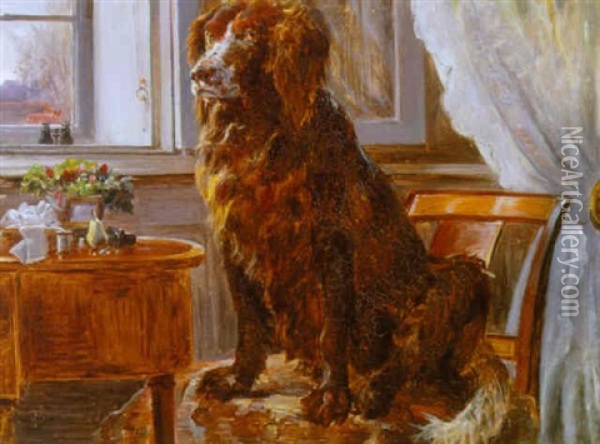 Interior Med Kunstnerens Hund Siddende Pa En Stol Ved Et Vindue Oil Painting - Theodor Philipsen