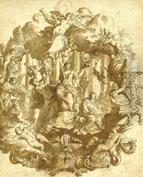 Study for a wall decoration a seated allegorical female figure holding a Cardinal's hat surrounded by Peace and figures trampling Heresy and War Oil Painting - Matthaus Terwesten