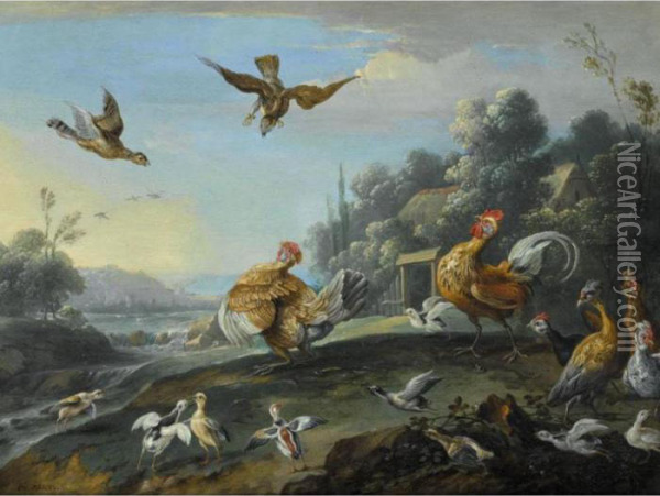 Chickens And Their Young Disturbed By Sparrow Hawks Oil Painting - Jan van Kessel