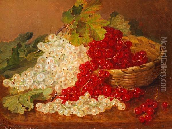 Still Life Red And White Currants With A Wicker Basket Oil Painting - Eloise Harriet Stannard