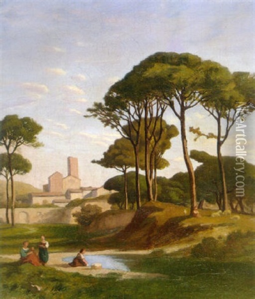 Italian Landscape With Three Women Oil Painting - Jean Achille Benouville