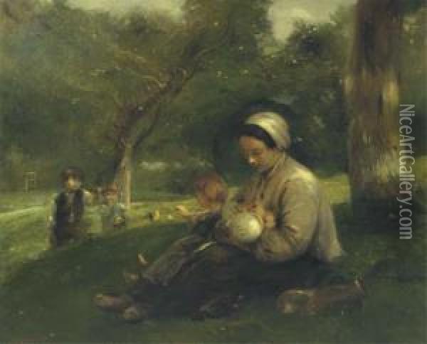 Mere Et Ses Enfants Au Saint-simeon: The Loving Mother Oil Painting - Adolphe Felix Cals