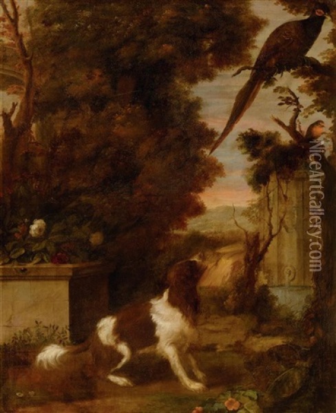 Park Landscape With A Hunting Dog And Birds Oil Painting - Adriaen Cornelisz Beeldemaker