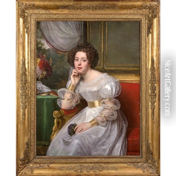 Portrait De Madame Demetz Dans Un Canape Rouge Oil Painting - Louis Hersent