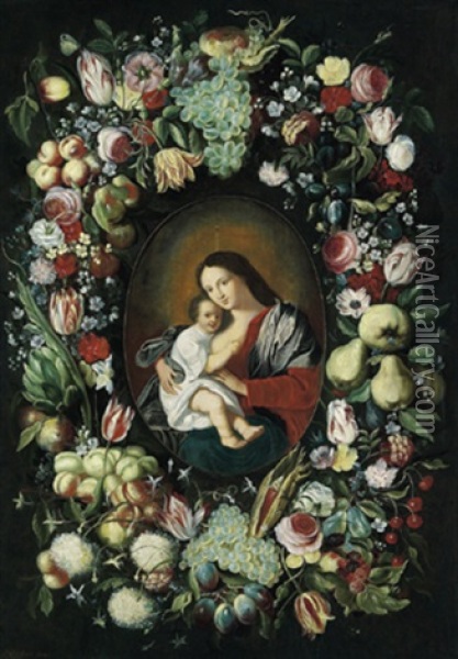 Madonna Mit Kind In Einem Kranz Von Blumen Und Fruchten Oil Painting - Philippe de Marlier