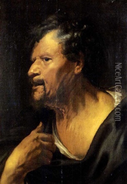 Study Of A Man's Head And Shoulders With His Right Hand Raised Oil Painting - Jacob Jordaens