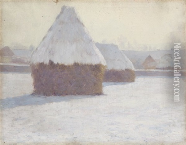 Winter Haystacks At Crecy-en-brie, France Oil Painting - Guy Rose