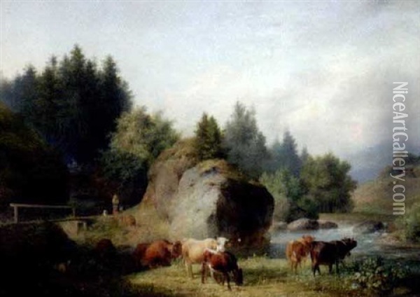 Kuhe Und Ziegen Am Ufer Eines Felsgesaumten Flusses Oil Painting - Sebastian Habenschaden