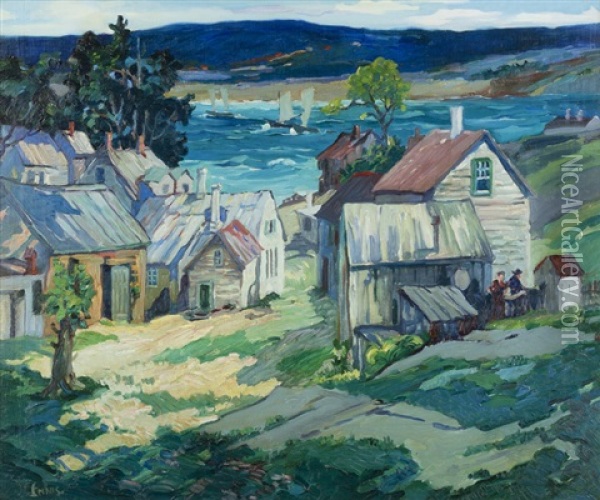 Town Along A Coastal Inlet With Sailboats Oil Painting - George Pearse Ennis