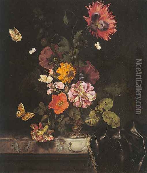 Flowers in a Gold Vase 1680 Oil Painting - Nicolaes Lachtropius