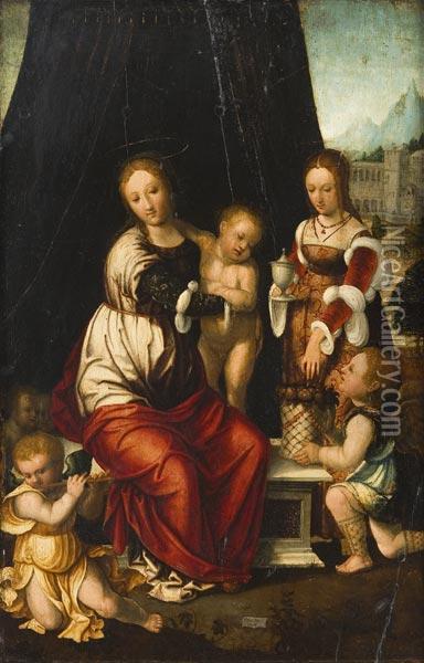 Vergine Con Bambino, Santa Maria Maddalena E Angeli Oil Painting - Vincent Sellaer