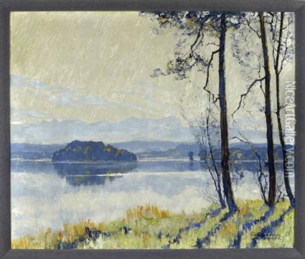 Blick Von Einem Baumbestandenen Ufer Auf Den Ostersee Mit Inseln Und Den Alpen Im Hintergrund Oil Painting - Hans Maurus