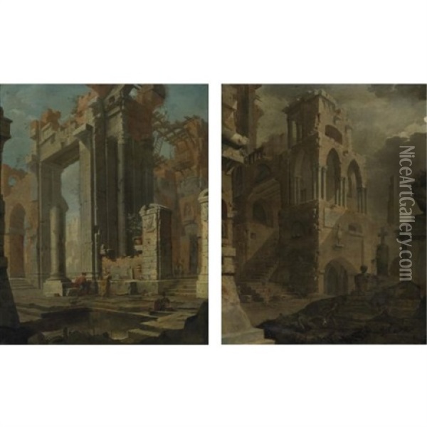Ruins Of A Gothic Church With A Tombstone And Figures (+ Classical Ruins With Figures Before A Pool; Pair) Oil Painting - Pietro Paltronieri