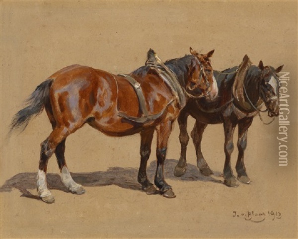 Zwei Zugpferde Oil Painting - Julius von Blaas